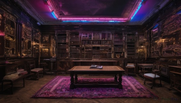 indoors,book,no humans,window,night,chair,table,scenery,wooden floor,bookshelf,lamp,stool,library,carpet,rug,1girl,solo,black hair,dress,desk,candle,dark