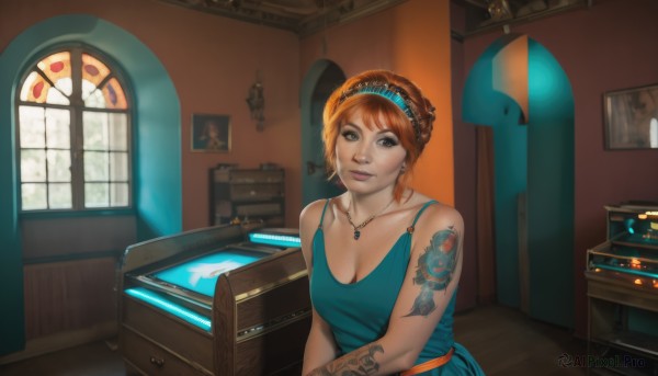 1girl,solo,breasts,looking at viewer,smile,short hair,large breasts,brown hair,dress,cleavage,bare shoulders,brown eyes,jewelry,medium breasts,sitting,collarbone,upper body,braid,hairband,earrings,sleeveless,indoors,necklace,orange hair,lips,window,tattoo,makeup,blue dress,chair,table,realistic,nose,arm tattoo,shoulder tattoo,stained glass,tank top