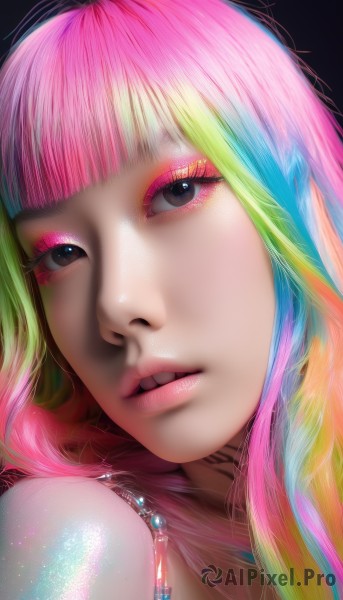 1girl,solo,long hair,looking at viewer,open mouth,bangs,simple background,brown eyes,jewelry,pink hair,multicolored hair,parted lips,green hair,teeth,blunt bangs,necklace,black eyes,lips,eyelashes,gradient hair,makeup,watermark,lipstick,black background,portrait,close-up,eyeshadow,pink lips,realistic,nose,eyeliner,colorful,rainbow hair,blonde hair,bare shoulders,blue hair,artist name,streaked hair,gem,web address,light particles,mascara