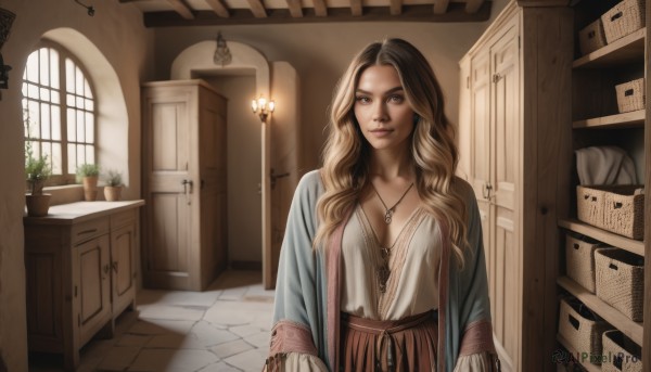 1girl,solo,long hair,breasts,looking at viewer,smile,skirt,blonde hair,brown hair,shirt,cleavage,brown eyes,jewelry,medium breasts,closed mouth,standing,collarbone,white shirt,multicolored hair,day,indoors,necklace,two-tone hair,lips,window,wavy hair,sunlight,plant,pendant,realistic,door,potted plant,lamp,open door,cabinet,upper body,earrings,box