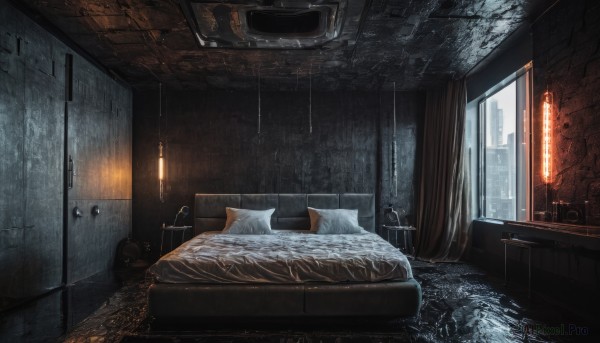 indoors,pillow,no humans,window,bed,curtains,building,scenery,couch,rain,door,blanket,lamp,candle,bedroom,under covers,carpet,candlestand,fireplace,on bed,chair,tiles,wall,brick wall,tile wall,sink,rug,faucet,cabinet,stove