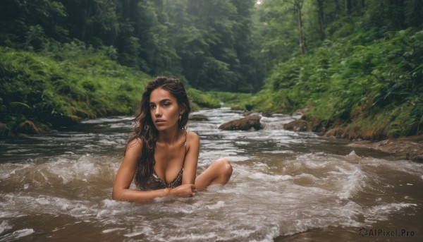 1girl,solo,long hair,breasts,blue eyes,large breasts,brown hair,black hair,cleavage,medium breasts,sitting,swimsuit,bikini,outdoors,day,dark skin,water,dark-skinned female,tree,lips,wet,black bikini,beach,nature,scenery,forest,partially submerged,realistic,river,bare shoulders,jewelry,green eyes,collarbone,earrings,signature,looking away,sunlight,bikini top only,rock