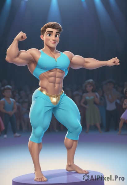 solo,smile,short hair,multiple girls,brown hair,black hair,1boy,dress,navel,brown eyes,closed mouth,full body,male focus,thighs,barefoot,solo focus,belt,pants,artist name,dark skin,muscular,thick thighs,abs,thick eyebrows,tank top,pectorals,muscular male,bara,large pectorals,6+boys,bulge,blue pants,tight,dancing,leggings,biceps,crowd,stage,obliques,wrestling outfit,spotlight,thick arms,flexing,standing,multiple boys,armpits