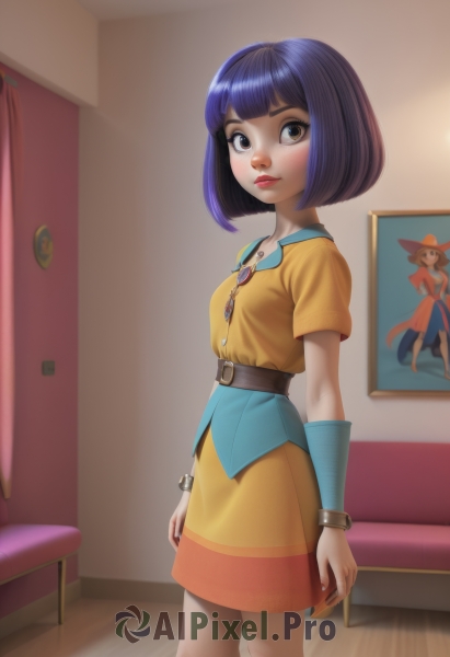 1girl,solo,breasts,looking at viewer,blush,short hair,bangs,skirt,shirt,dress,brown eyes,jewelry,closed mouth,blue hair,standing,purple hair,short sleeves,cowboy shot,small breasts,belt,artist name,indoors,signature,blunt bangs,nail polish,black eyes,bracelet,from side,lips,fingernails,looking to the side,makeup,chair,short dress,bob cut,brooch,wristband,gem,couch,black belt,nose,arms at sides,bracer,yellow dress,poster (object),eyelashes,watermark,web address,buckle,wooden floor,painting (object)