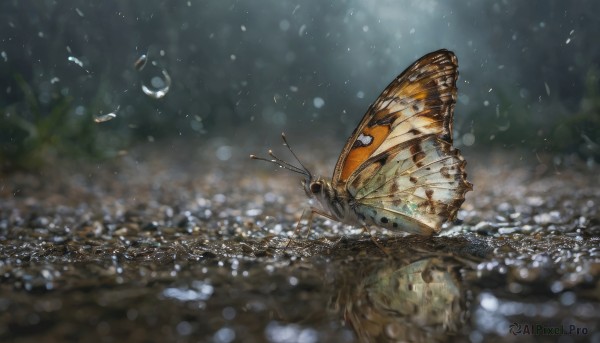 outdoors, wings, water, blurry, no humans, depth of field, blurry background, bug, butterfly, scenery, reflection, rain, water drop