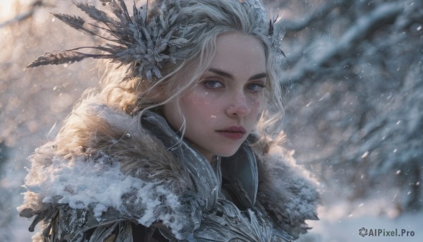 1girl,solo,long hair,looking at viewer,blue eyes,blonde hair,hair ornament,closed mouth,upper body,white hair,outdoors,artist name,armor,blurry,lips,grey eyes,fur trim,depth of field,blurry background,feathers,portrait,snow,freckles,snowing,realistic,nose,winter,wind,fur collar,feather hair ornament