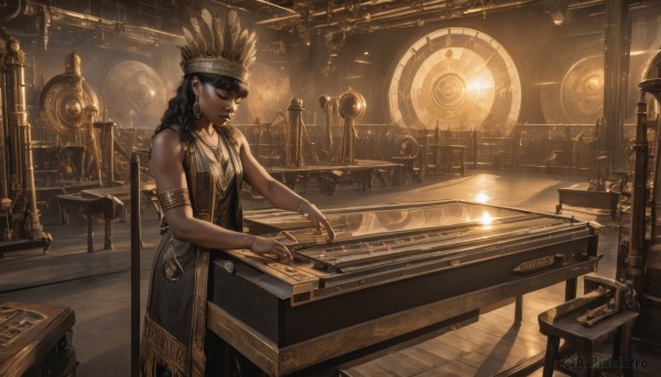 1girl,solo,long hair,black hair,hat,dress,bare shoulders,jewelry,sitting,closed mouth,standing,closed eyes,earrings,sleeveless,indoors,dark skin,necklace,black dress,bracelet,dark-skinned female,lips,sleeveless dress,chair,table,feathers,instrument,armlet,science fiction,wooden floor,realistic,music,playing instrument,gears,piano,smile,braid,crown,armband,hoop earrings,clock,drum