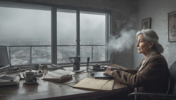 1girl,solo,jewelry,sitting,white hair,grey hair,earrings,indoors,hair bun,from side,cup,coat,book,window,profile,chair,table,single hair bun,steam,scenery,desk,mug,paper,realistic,pen,lamp,cityscape,computer,photo (object),old,monitor,coffee,laptop,coffee mug,keyboard (computer),newspaper,mouse (computer),old woman,wrinkled skin,grey theme,long sleeves,holding,jacket,rain,painting (object)