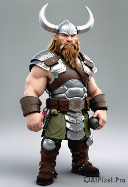 solo,long hair,looking at viewer,blue eyes,blonde hair,simple background,brown hair,1boy,standing,full body,weapon,male focus,boots,horns,grey background,armor,muscular,facial hair,brown footwear,helmet,knife,shoulder armor,beard,breastplate,mustache,fake horns,explosive,horned helmet,chainmail,pauldrons,hammer,potion