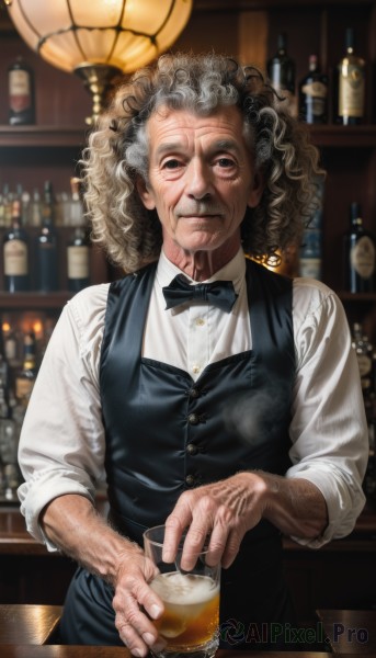 solo,looking at viewer,smile,shirt,long sleeves,1boy,bow,holding,closed mouth,white shirt,grey hair,male focus,collared shirt,artist name,indoors,signature,bowtie,blurry,vest,cup,dress shirt,black bow,blurry background,facial hair,bottle,holding cup,alcohol,drinking glass,curly hair,black vest,black bowtie,realistic,mustache,lamp,old,beer,old man,bar (place),afro,counter,bartender,1girl,upper body,grey eyes,sleeves rolled up,arm hair,wrinkled skin,whiskey