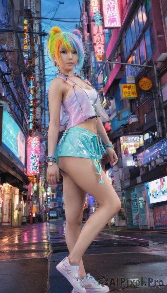 1girl,solo,breasts,looking at viewer,short hair,blue eyes,skirt,blonde hair,navel,cleavage,bare shoulders,jewelry,medium breasts,blue hair,standing,full body,ponytail,pink hair,multicolored hair,earrings,small breasts,outdoors,shoes,shorts,midriff,nail polish,bracelet,two-tone hair,lips,streaked hair,crop top,see-through,legs,short shorts,bare legs,aqua hair,night,piercing,white footwear,tank top,building,sneakers,camisole,reflection,walking,watch,city,sign,realistic,wristwatch,road,street,cyberpunk,neon lights,crosswalk,bangs,thighs,parted lips,green hair,sky,solo focus,choker,miniskirt,necklace,collar,blue skirt,makeup,ring,ear piercing,eyeshadow,tube top,power lines,colorful,rainbow hair