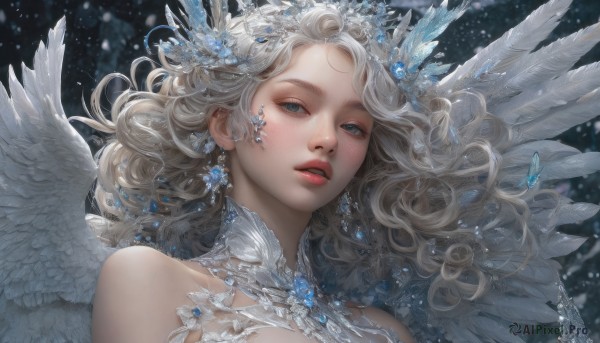 1girl,solo,long hair,looking at viewer,blue eyes,blonde hair,hair ornament,bare shoulders,jewelry,white hair,earrings,parted lips,wings,blurry,lips,grey eyes,floating hair,wavy hair,feathers,crown,gem,portrait,feathered wings,snow,freckles,angel wings,crystal,realistic,white wings,angel,red lips,upper body,grey hair,teeth,tiara,snowing,nose,snowflakes