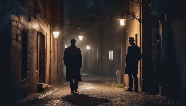 hat,standing,weapon,male focus,outdoors,multiple boys,2boys,from behind,coat,gun,black headwear,night,building,scenery,rain,city,hands in pockets,door,light,dark,lamppost,trench coat,industrial pipe,alley,1boy,pants,window,shadow,black coat,road,wide shot,street