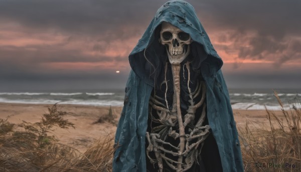 solo,looking at viewer,1boy,standing,outdoors,sky,cloud,hood,water,no humans,ocean,beach,cloudy sky,grass,scenery,cloak,1other,hood up,skull,sand,horizon,hooded cloak,ribs,skeleton,bone,upper body,torn clothes,facing viewer,sunset,waves,horror (theme),blue cloak