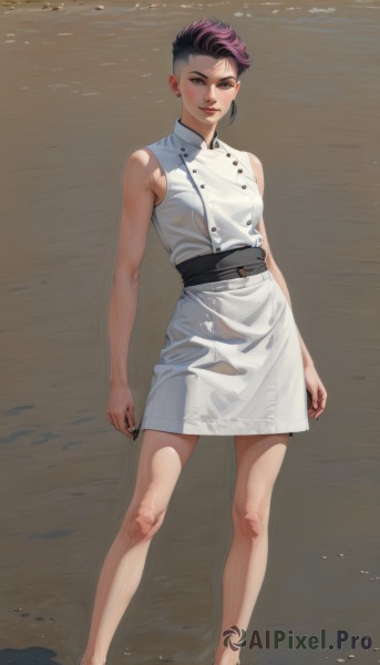 1girl,solo,breasts,looking at viewer,smile,short hair,black hair,dress,bare shoulders,brown eyes,closed mouth,standing,full body,pink hair,purple hair,multicolored hair,small breasts,barefoot,sleeveless,belt,water,white dress,lips,wet,bare arms,buttons,sleeveless dress,beach,black nails,realistic,sand,arms at sides,double-breasted,undercut,jewelry,medium breasts,earrings,shoes,artist name,mole,two-tone hair,fingernails,legs,mole under eye,bare legs,makeup,shadow,scar,short dress,sandals,lipstick,scar on face,black belt,nose,scar across eye,collared dress,red lips,very short hair,dirty feet