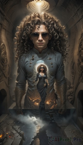 1girl,solo,long hair,breasts,looking at viewer,large breasts,brown hair,black hair,gloves,1boy,dress,cleavage,medium breasts,standing,glasses,dark skin,black dress,lips,glowing,watermark,sunglasses,web address,smoke,reflection,curly hair,realistic,giant,tinted eyewear,dreadlocks,steampunk,jewelry,boots,wavy hair,stairs