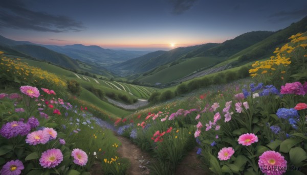 A landscape in a tranquil sunset outdoors