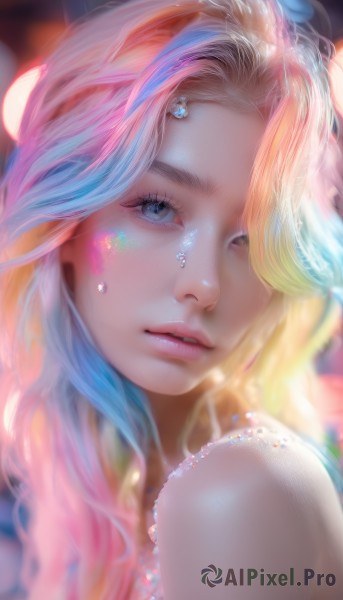 1girl,solo,long hair,looking at viewer,blue eyes,blonde hair,bare shoulders,jewelry,blue hair,pink hair,multicolored hair,parted lips,teeth,artist name,blurry,lips,eyelashes,makeup,depth of field,blurry background,watermark,gem,portrait,web address,close-up,realistic,nose,rainbow hair,tears,necklace,hair over one eye,wavy hair,bubble,pearl (gemstone)