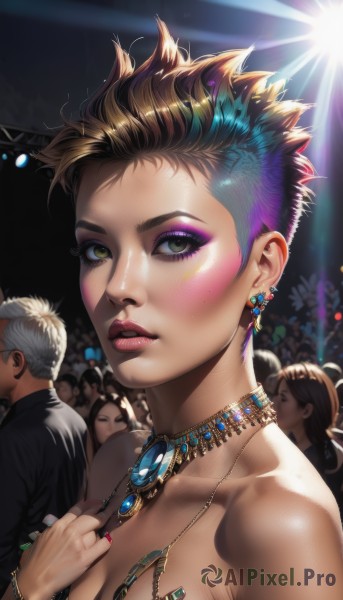 1girl,breasts,looking at viewer,blush,short hair,multiple girls,blonde hair,brown hair,black hair,2girls,cleavage,bare shoulders,brown eyes,jewelry,medium breasts,closed mouth,green eyes,collarbone,upper body,purple hair,multicolored hair,earrings,parted lips,multiple boys,solo focus,shiny,artist name,necklace,nail polish,mole,bracelet,two-tone hair,lips,fingernails,shiny skin,eyelashes,makeup,topless,piercing,ring,lipstick,hand on own chest,gem,red nails,pink nails,lens flare,eyeshadow,freckles,long fingernails,pink lips,glint,realistic,nose,red lips,eyeliner,very short hair,crowd,mascara,stage,spotlight,stage lights,people,purple eyeshadow,concert,audience,large breasts