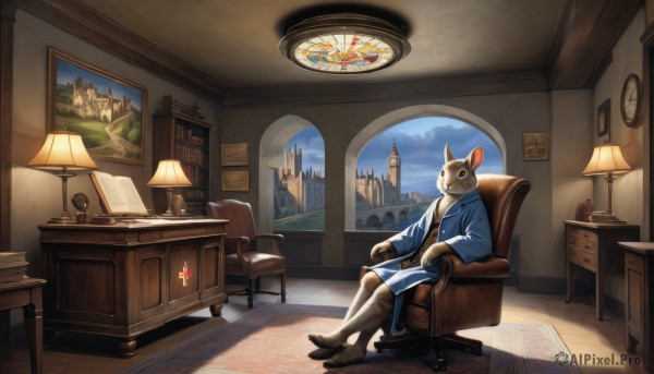 solo,long sleeves,1boy,animal ears,sitting,jacket,male focus,food,sky,barefoot,day,cloud,indoors,black eyes,cup,blue sky,book,no humans,window,animal,chair,formal,table,suit,blue jacket,scenery,furry,desk,wooden floor,paper,clock,bookshelf,lamp,furry male,computer,on chair,mouse,picture frame,armchair,painting (object),carpet,quill,clothed animal,picture (object),rug,globe,desk lamp,shirt,hat,closed mouth,necktie,shoes,black footwear,tree,coat,buttons,shadow,crossed legs,blue shirt,robe,open book,candle,white fur,wide shot,cushion,castle,blue coat,vase