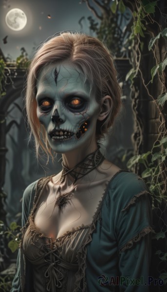 1girl,solo,breasts,looking at viewer,short hair,blonde hair,dress,cleavage,jewelry,medium breasts,collarbone,yellow eyes,upper body,small breasts,outdoors,teeth,choker,necklace,blurry,tree,lips,orange eyes,blood,makeup,mask,night,leaf,moon,plant,pale skin,lace,full moon,colored sclera,skull,black sclera,cross-laced clothes,stitches,horror (theme),cracked skin,brown hair,tattoo,glowing,colored skin,facial mark,night sky,glowing eyes,vampire,grey skin,zombie,silk,spider web,undead