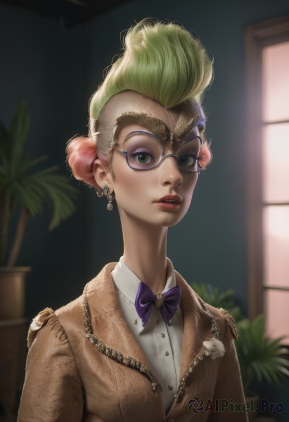 1girl,solo,looking at viewer,short hair,blonde hair,shirt,bow,jewelry,green eyes,jacket,white shirt,upper body,pink hair,multicolored hair,earrings,parted lips,green hair,glasses,teeth,collared shirt,artist name,indoors,bowtie,blurry,two-tone hair,lips,eyelashes,window,makeup,buttons,depth of field,blurry background,piercing,plant,lipstick,ear piercing,eyeshadow,freckles,purple bow,brown jacket,realistic,nose,round eyewear,potted plant,purple bowtie,mascara,formal,suit