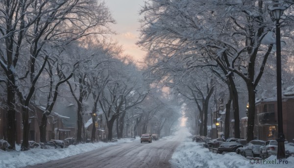 outdoors, sky, tree, no humans, ground vehicle, nature, scenery, motor vehicle, snow, forest, car, road, winter, lamppost, bare tree