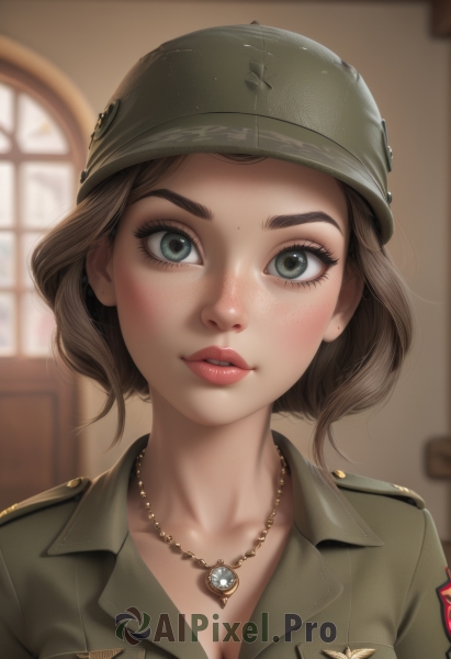 1girl,solo,breasts,looking at viewer,short hair,blue eyes,brown hair,hat,cleavage,jewelry,medium breasts,green eyes,collarbone,upper body,parted lips,teeth,artist name,indoors,necklace,blurry,uniform,lips,grey eyes,military,eyelashes,window,military uniform,depth of field,blurry background,helmet,portrait,pendant,freckles,pocket,realistic,breast pocket,badge,blush,shirt,earrings,mole,thick eyebrows,nose,dog tags,military jacket,world war ii