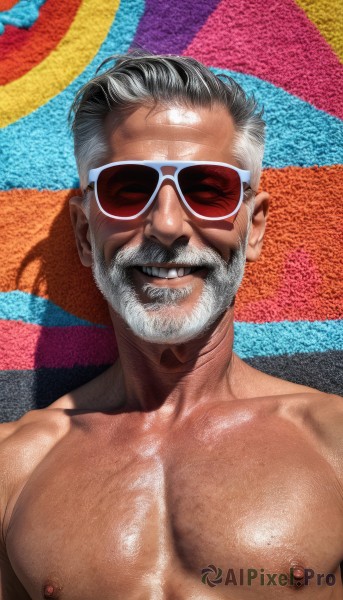 solo,looking at viewer,smile,1boy,nipples,collarbone,upper body,white hair,grey hair,male focus,teeth,shiny,grin,shiny skin,muscular,shadow,facial hair,abs,sunglasses,pectorals,muscular male,bara,eyewear on head,beard,large pectorals,topless male,mature male,realistic,mustache,manly,old,old man,short hair,nude,facing viewer,chest hair,pectoral focus