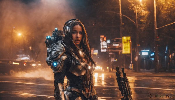 1girl,solo,long hair,looking at viewer,brown hair,black hair,brown eyes,weapon,outdoors,dark skin,armor,dark-skinned female,lips,gun,bodysuit,headphones,ground vehicle,shoulder armor,motor vehicle,rifle,headset,science fiction,pauldrons,realistic,nose,car,road,assault rifle,lamppost,street,very dark skin,power armor,lights,ear protection,night,city,cyberpunk