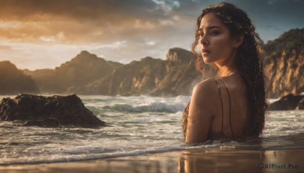 1girl,solo,long hair,breasts,brown hair,black hair,bare shoulders,jewelry,upper body,earrings,outdoors,parted lips,sky,looking back,cloud,dark skin,water,from behind,blurry,dark-skinned female,lips,wet,looking to the side,eyelashes,depth of field,blurry background,looking away,cloudy sky,scenery,partially submerged,curly hair,sunset,mountain,realistic,nose,bathing,wet hair,looking afar,mountainous horizon,lake,looking at viewer,brown eyes,sunlight,reflection,evening