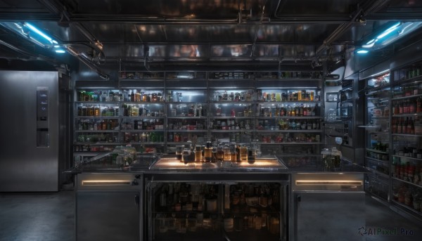 indoors,cup,no humans,bottle,scenery,alcohol,drinking glass,science fiction,realistic,light,shelf,bar (place),lights,counter,ceiling light,box,can,clock,tiles,tile floor,kitchen,jar,shop,ceiling,refrigerator