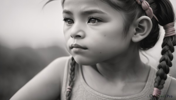 1girl,solo,long hair,bare shoulders,collarbone,monochrome,upper body,braid,greyscale,parted lips,teeth,mole,blurry,twin braids,lips,blurry background,looking away,child,portrait,mole under mouth,freckles,realistic,nose,female child,bangs,hair ornament,closed mouth,artist name,eyelashes,depth of field,looking afar