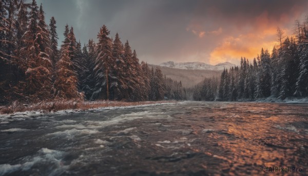 outdoors,sky,cloud,water,tree,no humans,cloudy sky,nature,scenery,snow,forest,sunset,mountain,winter,bare tree,river,landscape,pine tree