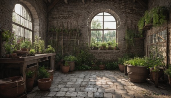 flower,outdoors,day,indoors,tree,no humans,window,sunlight,plant,scenery,door,potted plant,ruins,vines,brick wall,flower pot,barrel,bush,arch