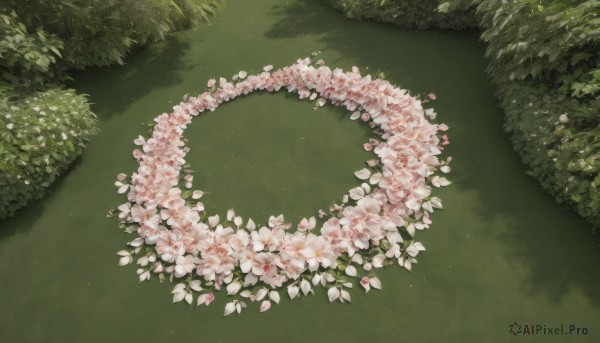 flower,outdoors,day,tree,petals,no humans,shadow,from above,grass,plant,white flower,cherry blossoms,nature,scenery,pink flower,bush,green theme,leaf,road,still life,path