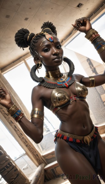 1girl,solo,breasts,looking at viewer,short hair,black hair,navel,cleavage,jewelry,medium breasts,cowboy shot,earrings,midriff,indoors,dark skin,stomach,hair bun,nail polish,armor,black eyes,bracelet,dark-skinned female,lips,fingernails,hands up,double bun,makeup,piercing,pelvic curtain,armlet,toned,hoop earrings,realistic,bikini armor,navel piercing,neck ring,loincloth,very dark skin,egyptian,egyptian clothes,dreadlocks,gorget,hair ornament,bare shoulders,twintails,brown eyes,standing,small breasts,facial mark,nose,forehead jewel