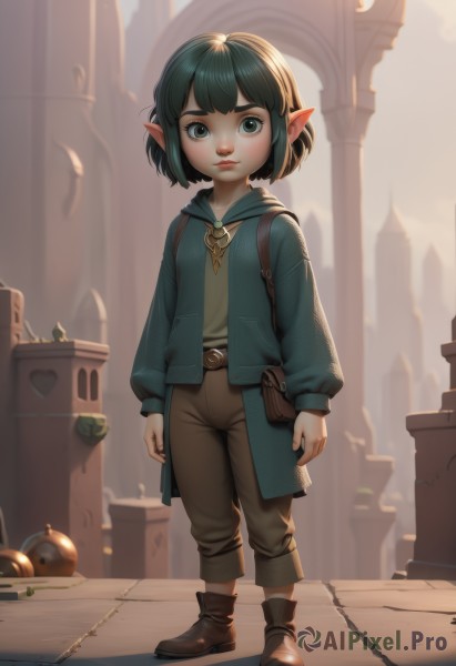 1girl,solo,looking at viewer,short hair,bangs,shirt,long sleeves,closed mouth,green eyes,standing,jacket,full body,boots,outdoors,green hair,open clothes,day,pointy ears,belt,pants,artist name,hood,bag,open jacket,lips,coat,brown footwear,elf,building,child,androgynous,pouch,female child,brown pants,lalafell,black hair,thick eyebrows,backlighting