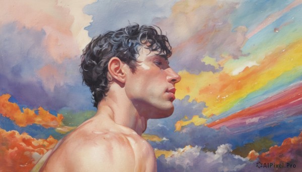 solo,blue eyes,black hair,1boy,upper body,male focus,nude,outdoors,sky,cloud,from side,lips,profile,muscular,traditional media,cloudy sky,portrait,topless male,sunset,realistic,painting (medium),watercolor (medium),joestar birthmark,short hair,closed mouth,blue sky,nose,colorful