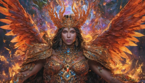 1girl,solo,long hair,breasts,looking at viewer,blue eyes,black hair,jewelry,medium breasts,closed mouth,upper body,earrings,wings,armor,lips,fire,crown,shoulder armor,gem,feathered wings,realistic,headpiece,gold,necklace,chain,pauldrons,embers,yellow wings