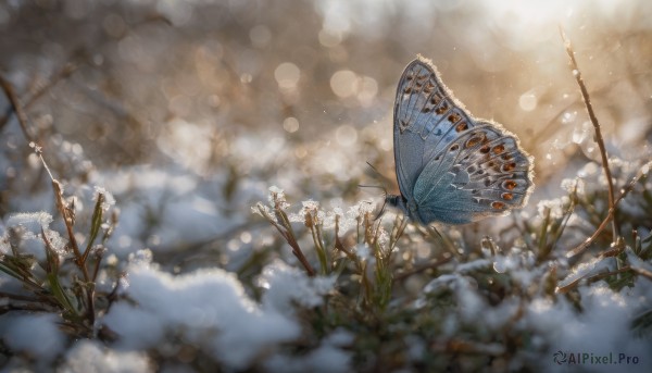 flower, outdoors, blurry, no humans, depth of field, blurry background, bug, white flower, butterfly, scenery, blurry foreground, bokeh