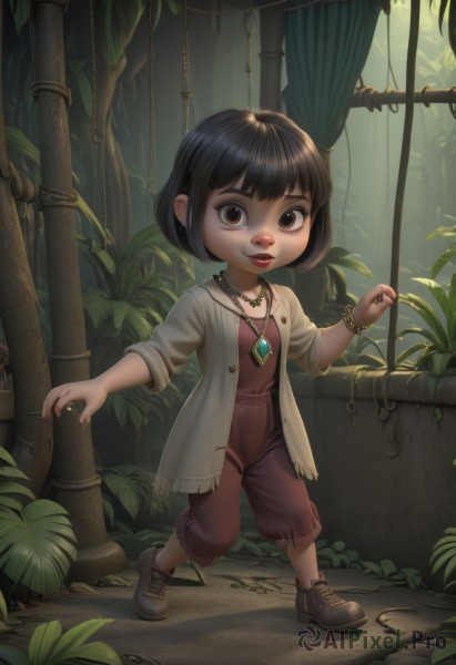 1girl,solo,looking at viewer,smile,short hair,bangs,black hair,brown eyes,jewelry,standing,jacket,full body,outdoors,open clothes,shoes,signature,necklace,bracelet,lips,makeup,leaf,brown footwear,bob cut,ring,cardigan,plant,curtains,child,nature,pendant,sleeves rolled up,forest,red lips,female child,open cardigan,brown hair,dress,parted lips,artist name,nail polish,industrial pipe