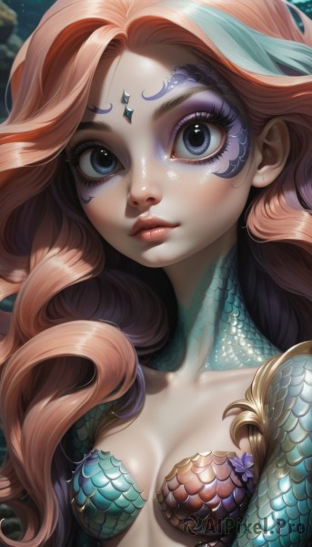 1girl,solo,long hair,breasts,looking at viewer,blue eyes,cleavage,medium breasts,closed mouth,collarbone,upper body,red hair,multicolored hair,small breasts,parted lips,shiny,artist name,armor,lips,shiny skin,eyelashes,makeup,watermark,wavy hair,facial mark,monster girl,web address,close-up,eyeshadow,freckles,curly hair,nose,scales,mermaid,mascara,brown hair,orange hair,two-tone hair,streaked hair,breasts apart,pink lips,eyeliner,bikini armor,shell