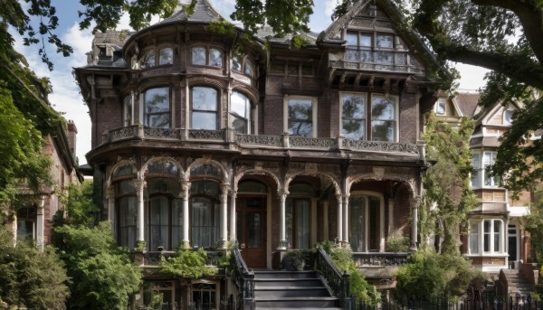 outdoors,sky,day,cloud,tree,blue sky,no humans,window,sunlight,plant,building,scenery,stairs,door,railing,architecture,ruins,vines,arch,overgrown,bush,house