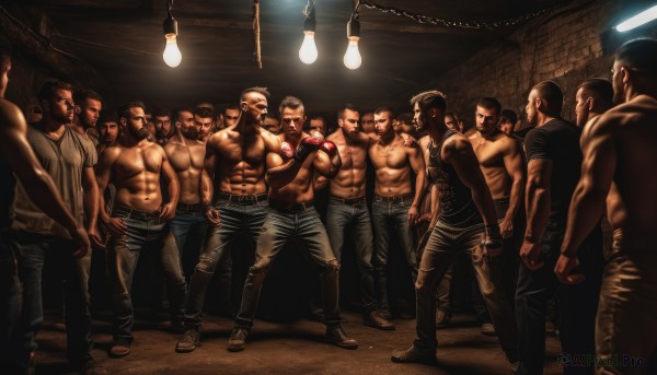 short hair,black hair,hat,navel,male focus,multiple boys,shoes,belt,pants,indoors,torn clothes,tattoo,mask,muscular,facial hair,chain,abs,tank top,pectorals,denim,muscular male,beard,6+boys,topless male,jeans,realistic,bandana,bald,very short hair,manly,torn pants,backwards hat,boxing gloves,brown hair,glasses,dark skin,necklace,sunglasses,mustache,old,chest hair,old man