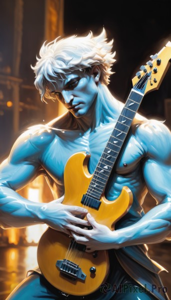 solo,short hair,1boy,holding,closed mouth,nipples,closed eyes,white hair,male focus,cowboy shot,pants,blurry,muscular,blurry background,colored skin,instrument,veins,topless male,realistic,blue skin,music,blue pants,guitar,manly,playing instrument,holding instrument,electric guitar,looking at viewer,blue eyes,signature,lips,grey skin