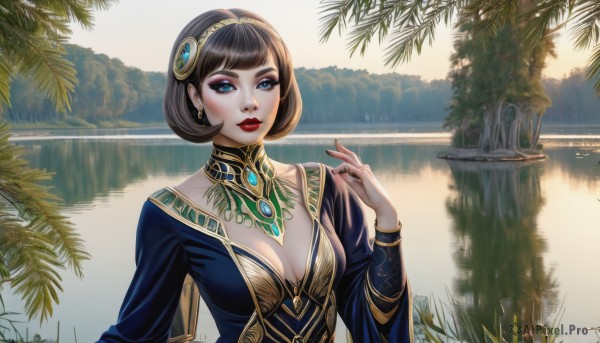 1girl,solo,breasts,looking at viewer,short hair,bangs,blue eyes,brown hair,black hair,hair ornament,long sleeves,dress,cleavage,jewelry,medium breasts,upper body,hairband,earrings,outdoors,parted lips,day,hand up,water,necklace,nail polish,mole,tree,lips,fingernails,makeup,blue dress,bob cut,plant,lipstick,gem,red nails,eyeshadow,red lips,lake,closed mouth,collarbone,sky,artist name,signature,eyelashes,ring,black nails,scenery,reflection,green gemstone