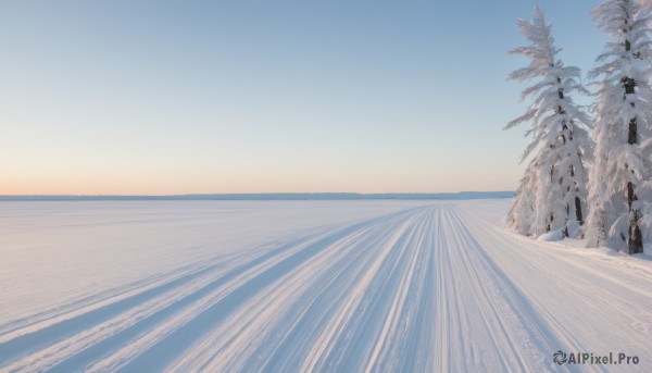 standing,outdoors,wings,sky,day,water,tree,blue sky,no humans,ocean,beach,scenery,sand,horizon,multiple others,waves,ambiguous gender,shore,long sleeves,hat,multiple boys,coat,fur trim,plant,nature,snow,sunset,sun,winter,bare tree,gradient sky,sunrise,footprints