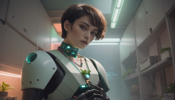 1girl,solo,short hair,brown hair,brown eyes,jewelry,upper body,indoors,dark skin,necklace,armor,dark-skinned female,lips,window,own hands together,plant,science fiction,cyborg,looking at viewer,black hair,realistic,very dark skin