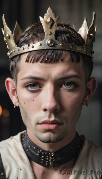 solo,looking at viewer,short hair,black hair,1boy,jewelry,closed mouth,male focus,earrings,choker,mole,blurry,black eyes,collar,lips,grey eyes,blurry background,facial hair,piercing,crown,ear piercing,portrait,beard,realistic,nose,brown hair